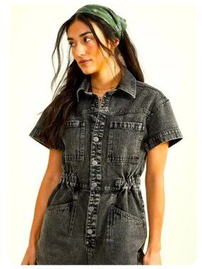 Altar’d State Black Denim Short Sleeve Romper sz S